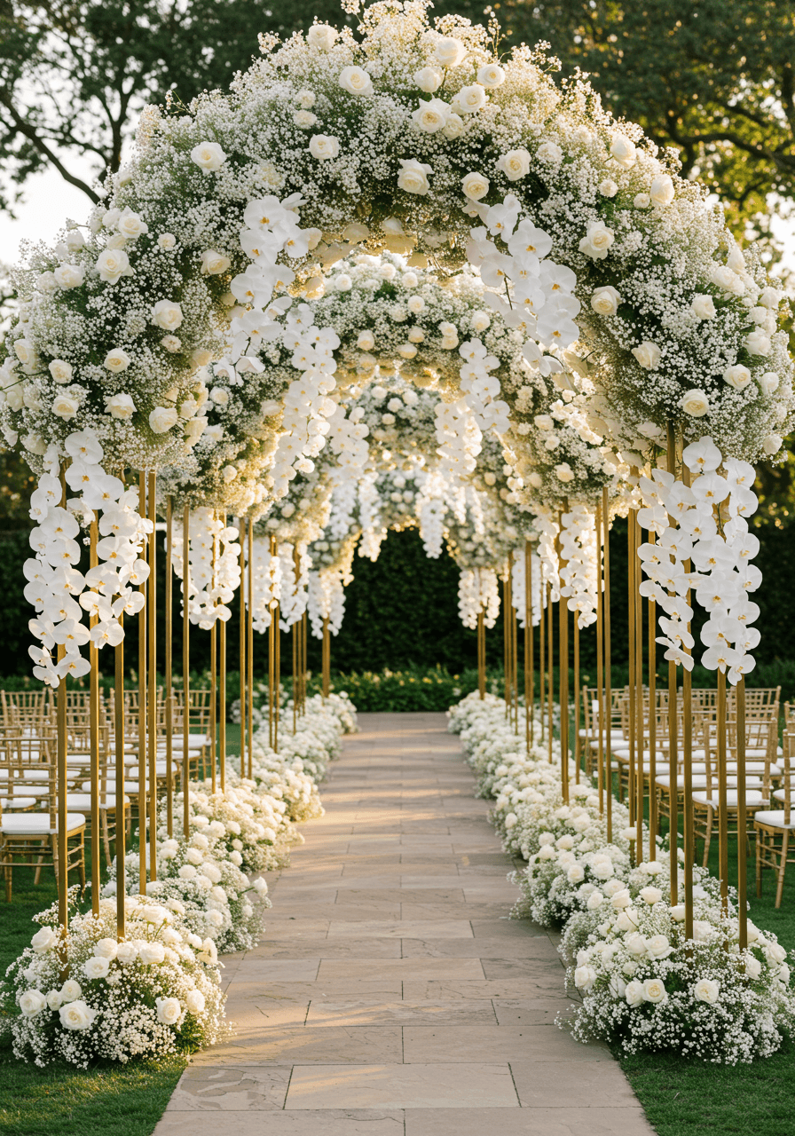 Brass geometric frame altar with cascading white orchids at outdoor ceremony venue