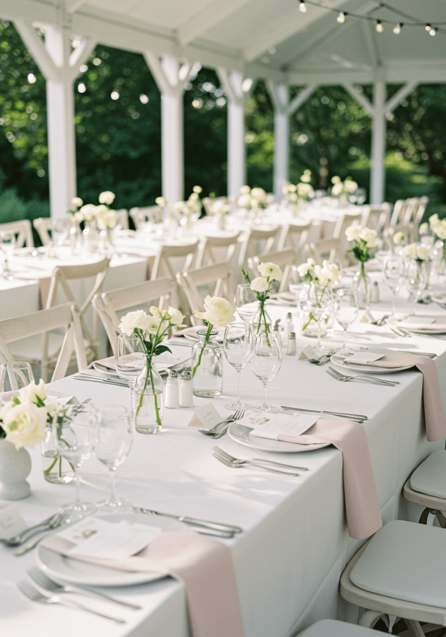 Minimalist table setting with white space between elegant place settings in sunlit garden pavilion