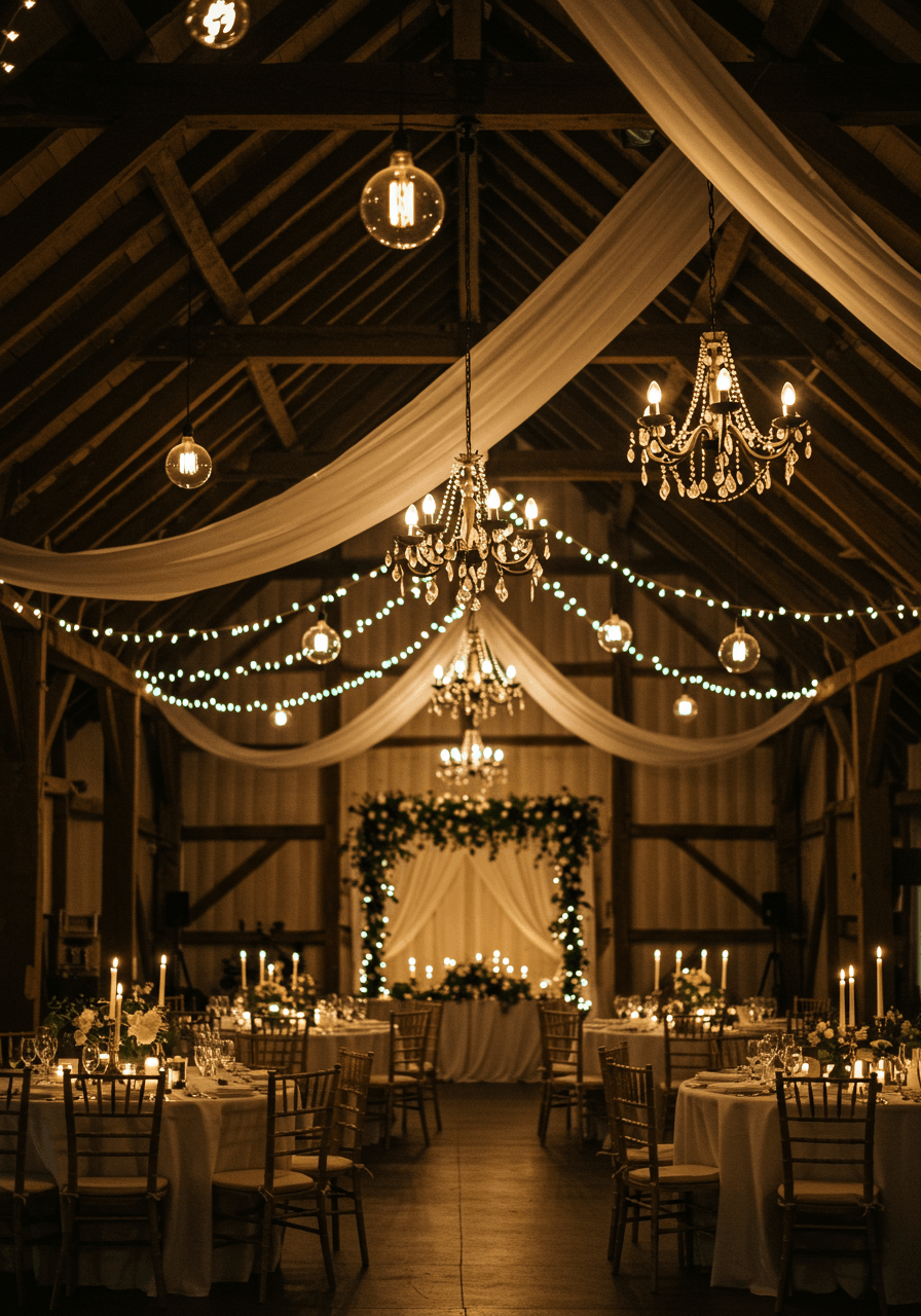 Rustic barn reception with Edison bulb chandeliers and string lights creating warm ambiance