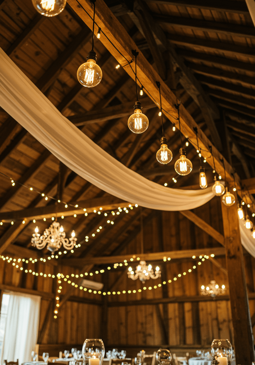 Upward view of Edison bulb pendant lights and draped fabric in barn venue ceiling