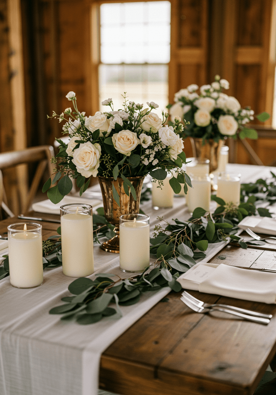 Farmhouse table with strategically spaced floral arrangements and eucalyptus garlands in rustic barn