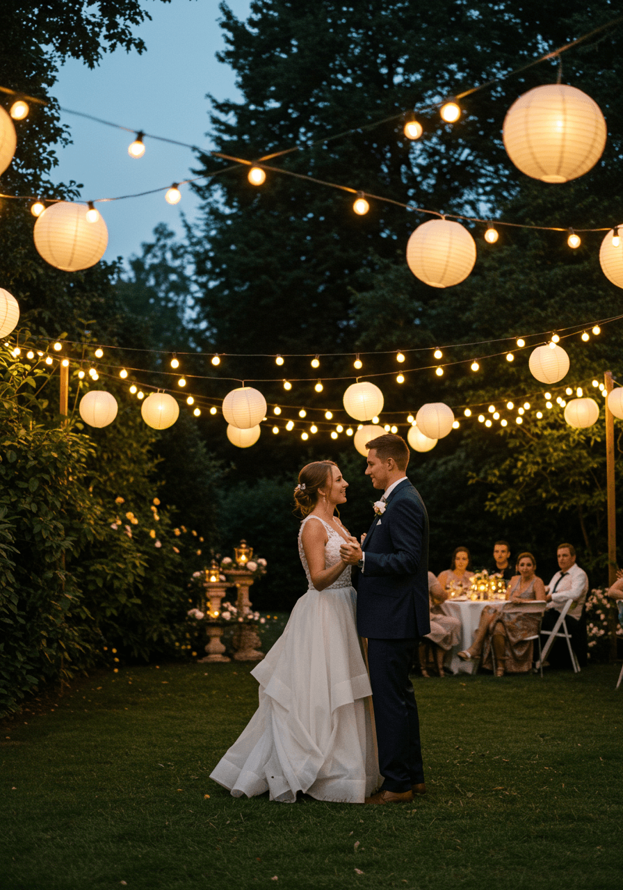 Couple's first dance under canopy of fairy lights and paper lanterns in twilight garden