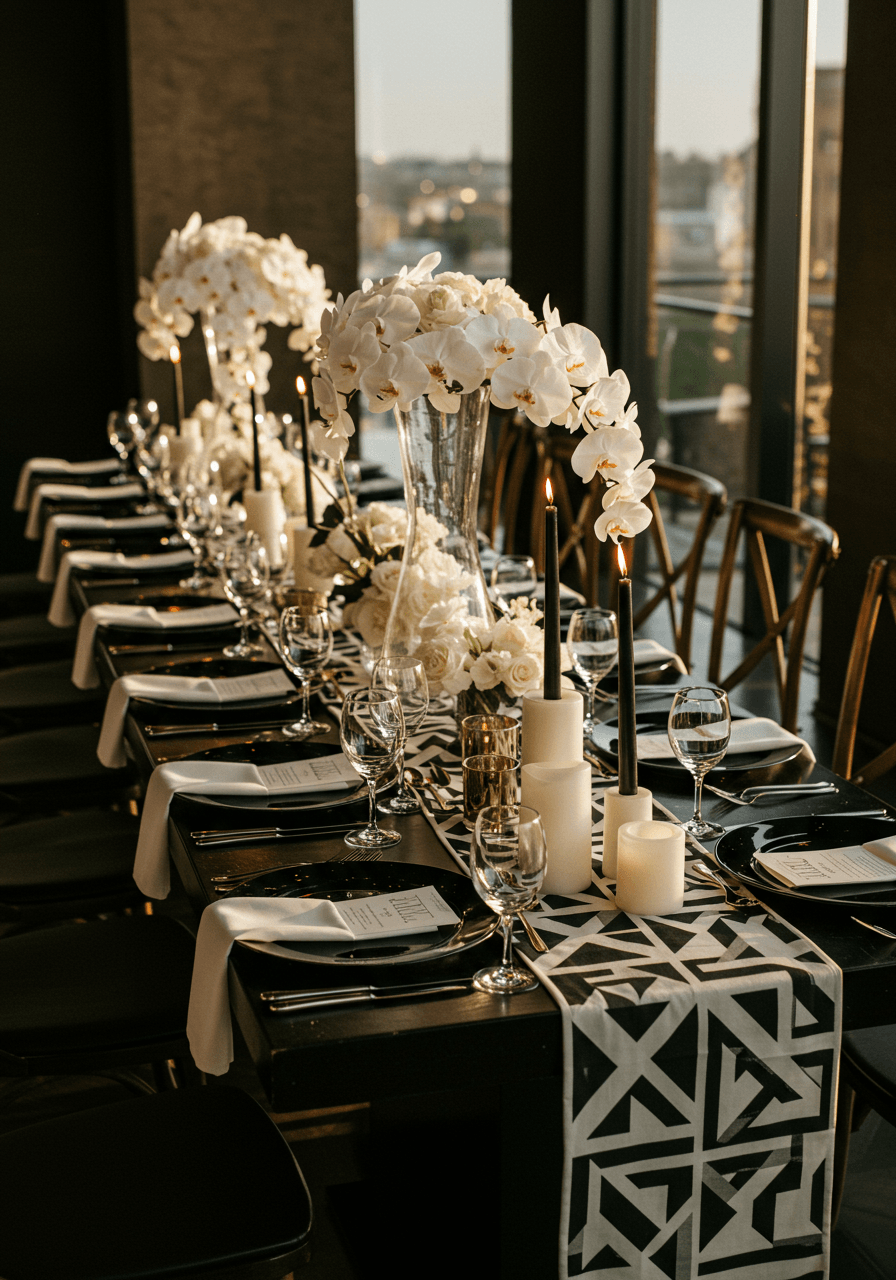 Floor-level perspective of black and white tablescape with geometric pattern runner