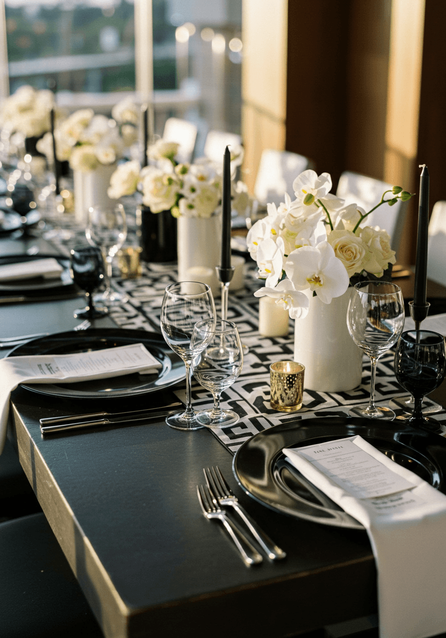 Long rectangular table with alternating black and white place settings in modern venue