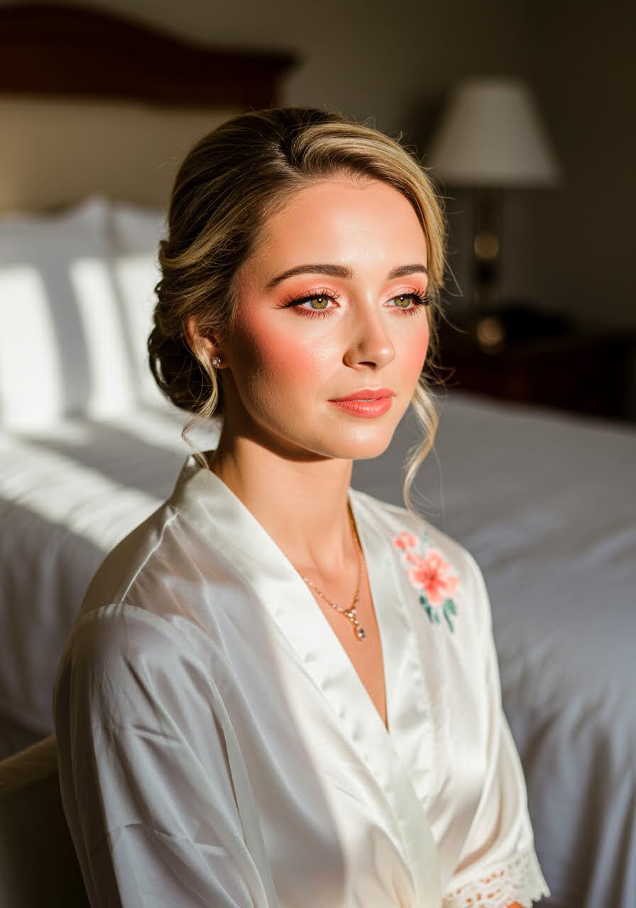 Sophisticated bridal suite portrait with coral-accented makeup
