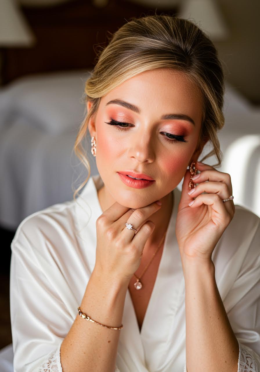 Bride touching earrings with soft coral makeup tones