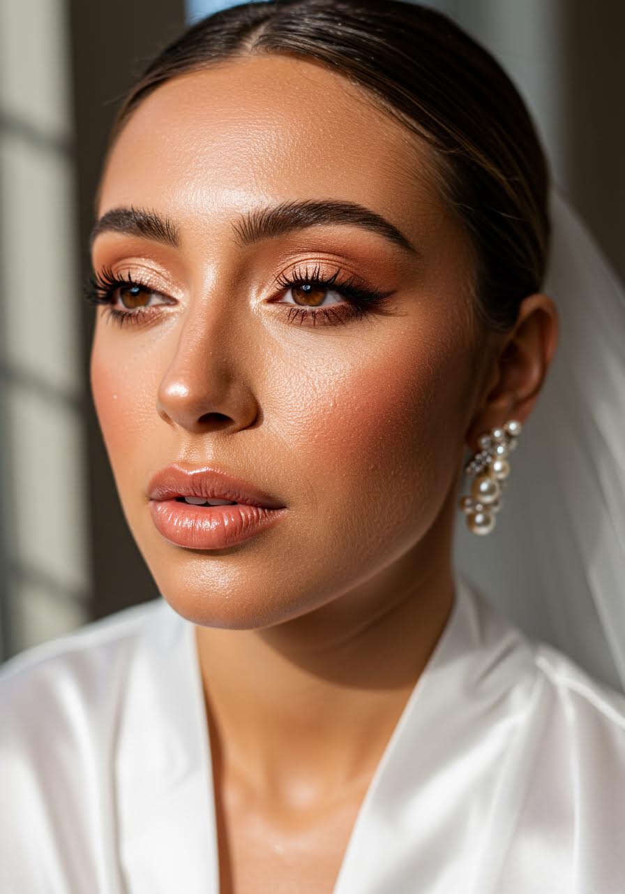 Bronzed bride close-up by window with pearl-highlighted makeup