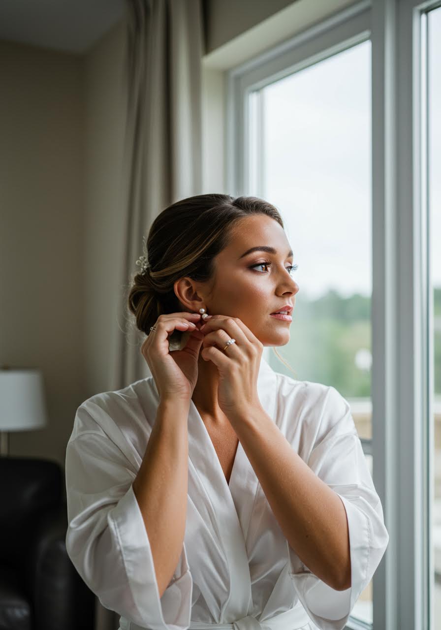 Bride adjusting pearls with bronzed summer makeup look