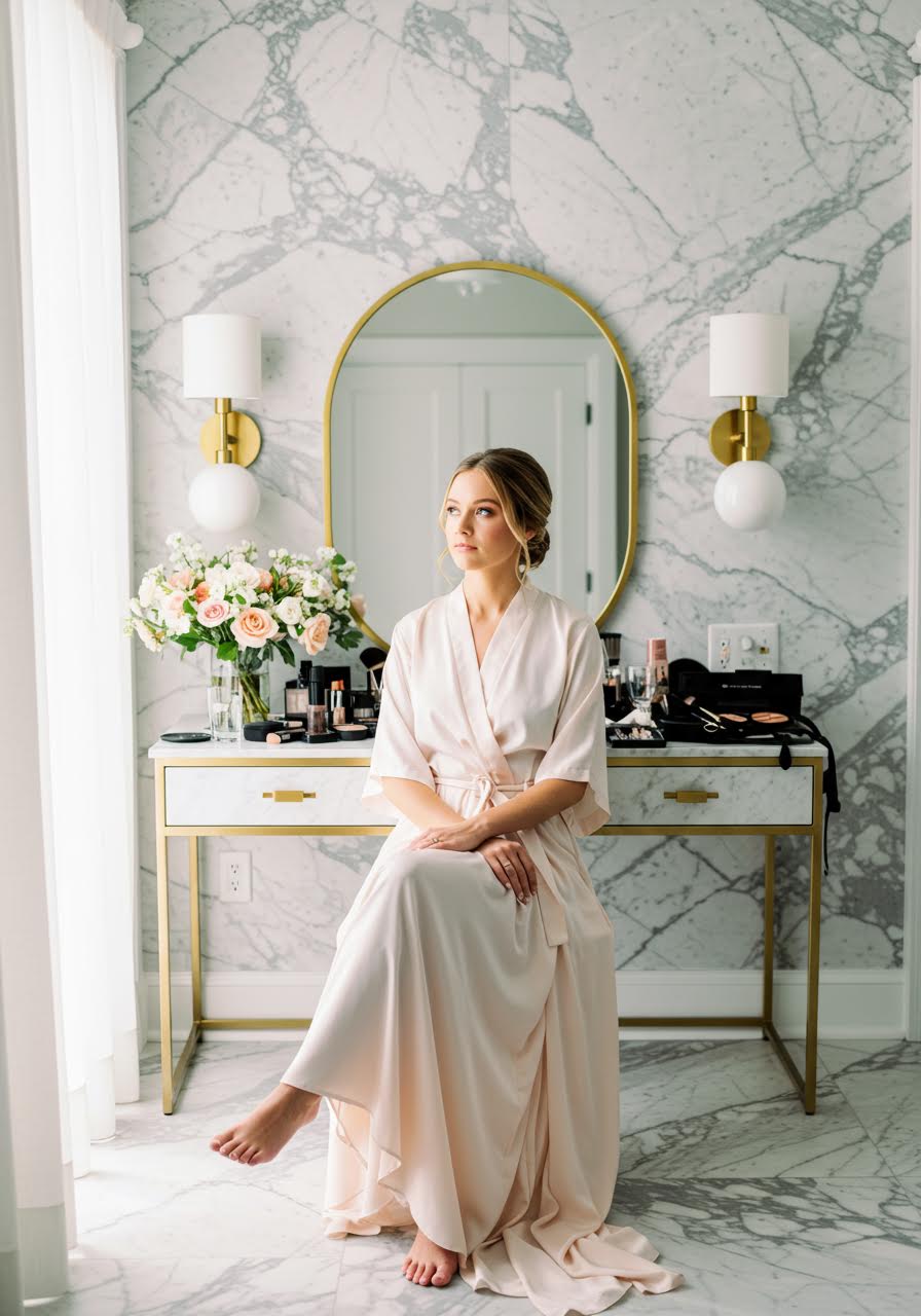 Full bridal beauty shot at luxurious marble vanity