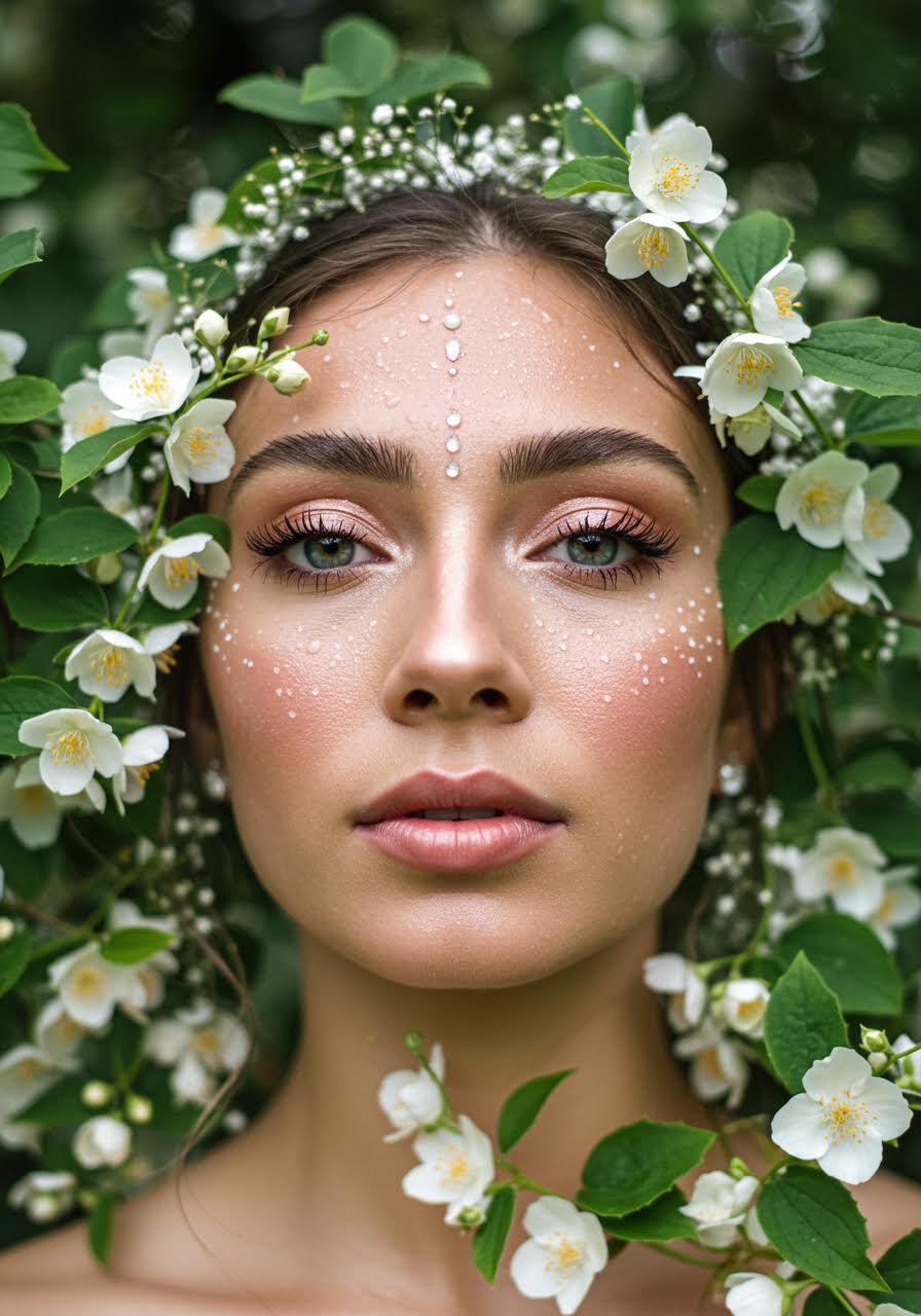 Enchanted bride in jasmine garden pavilion with glowing makeup