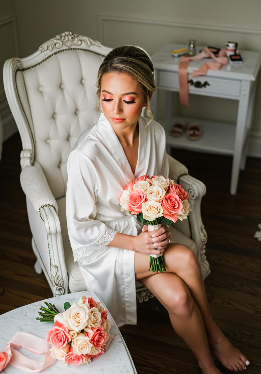 Full-length bridal preparation shot with coral makeup accents