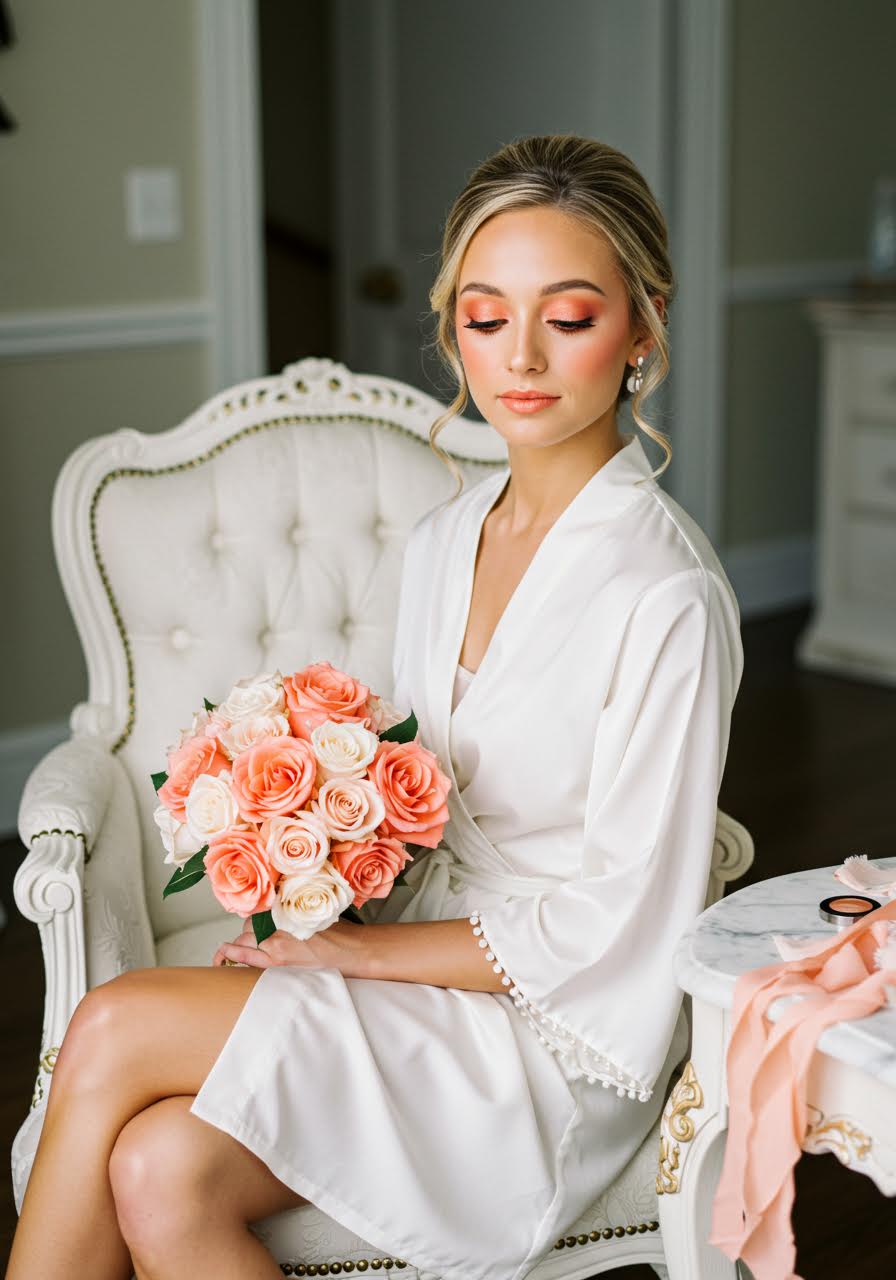 Bride in vintage chair with luminous coral-toned makeup