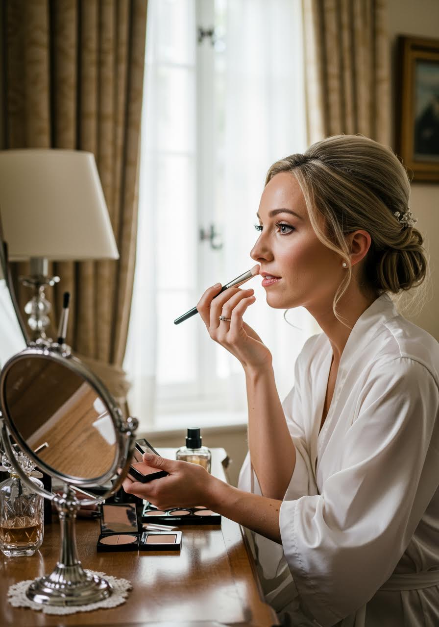 Bride applying makeup at vanity table in soft morning light