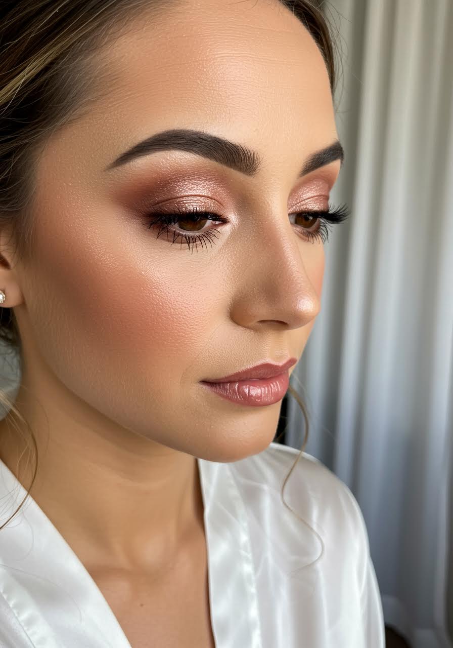 Close-up of bride's dewy makeup with natural glow