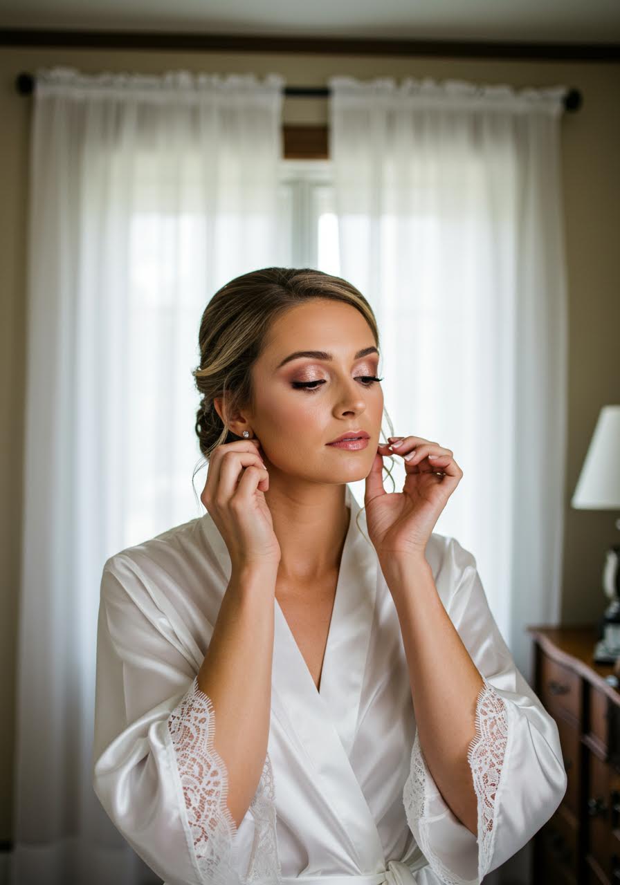 Bride adjusting earrings showcasing fresh makeup look