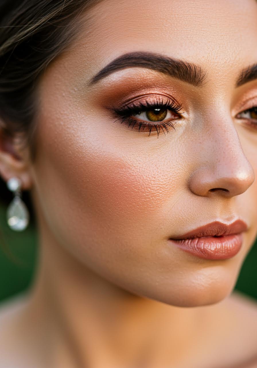 Close-up copper-toned golden hour bridal makeup detail
