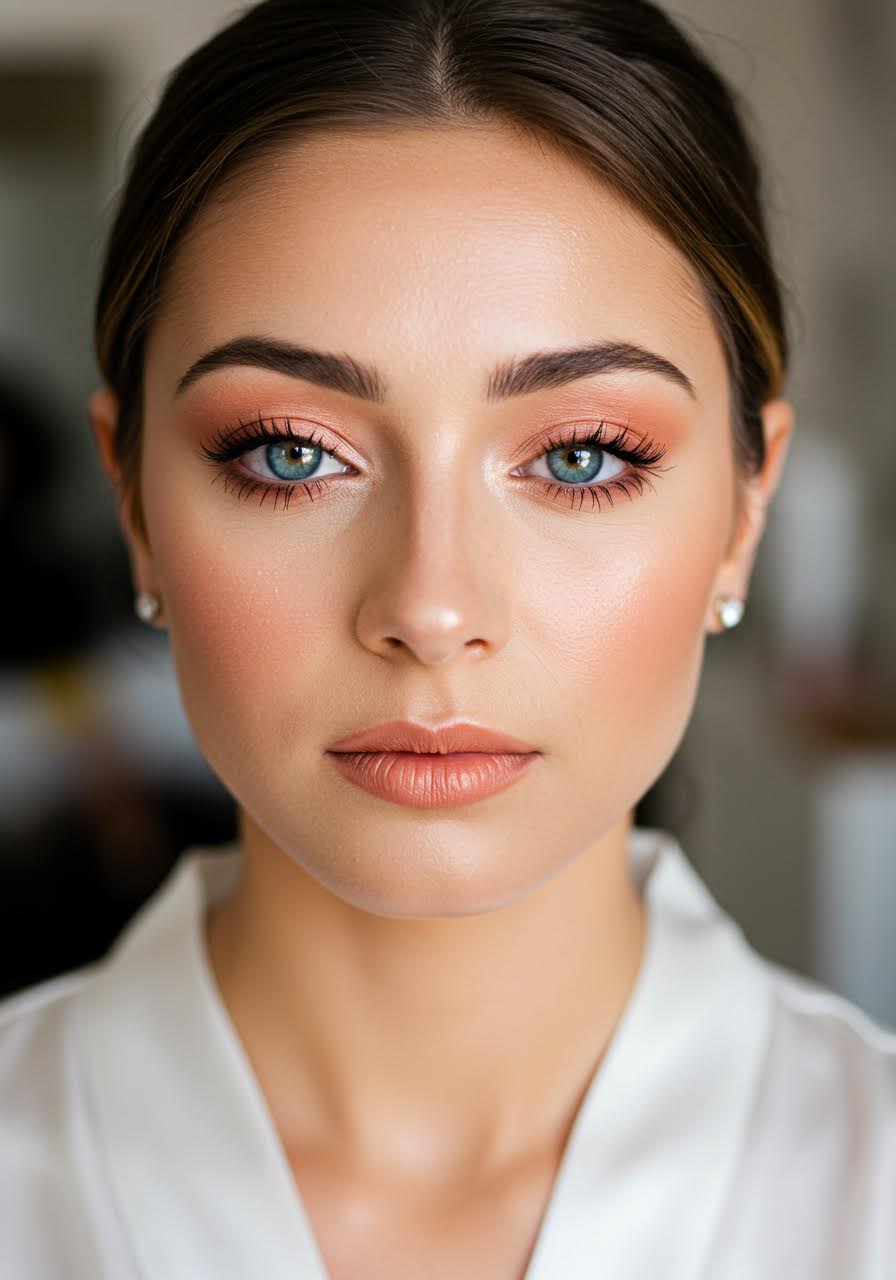 Detailed peach-toned bridal makeup at marble vanity