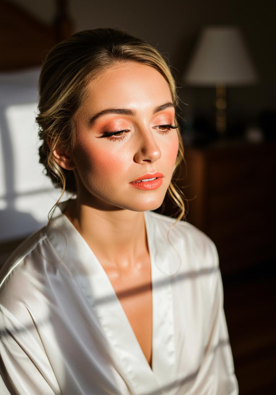 Close-up bridal beauty shot with warm peachy glow