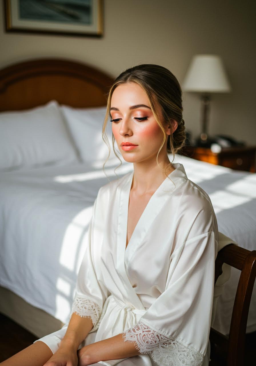 Elegant bridal suite portrait with peachy dewy makeup tones