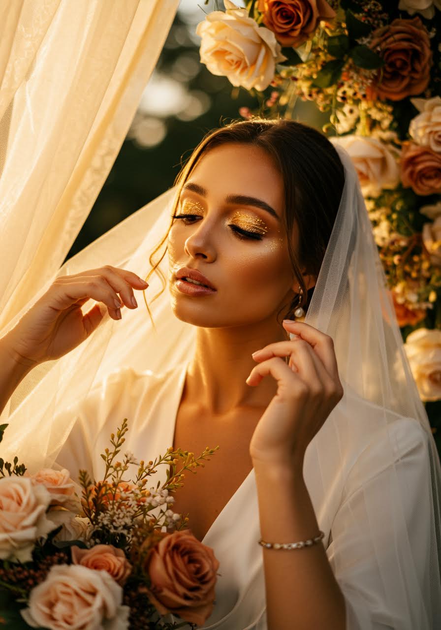 Bride adjusting veil with bronze golden hour makeup
