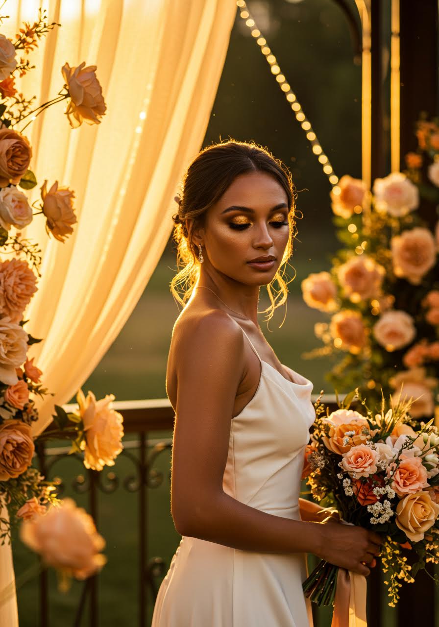Golden hour bride portrait with bronze radiant makeup