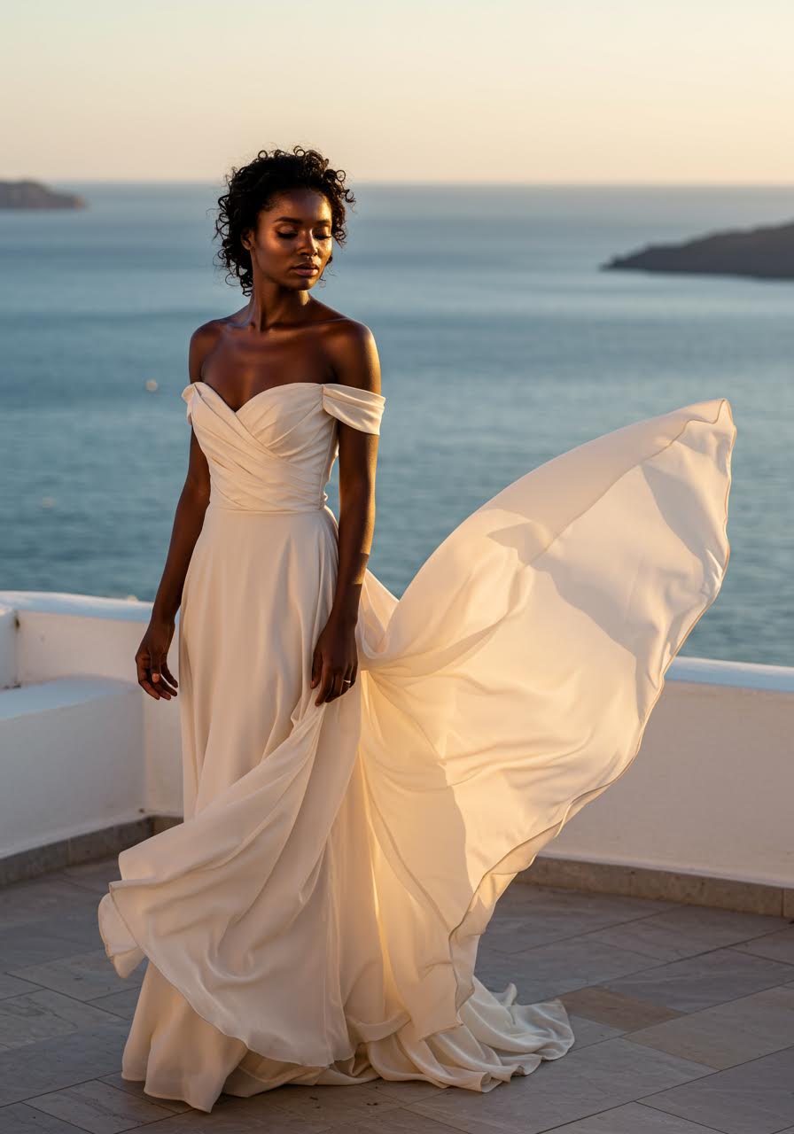 Bronzed bride on ocean terrace with luminous summer makeup