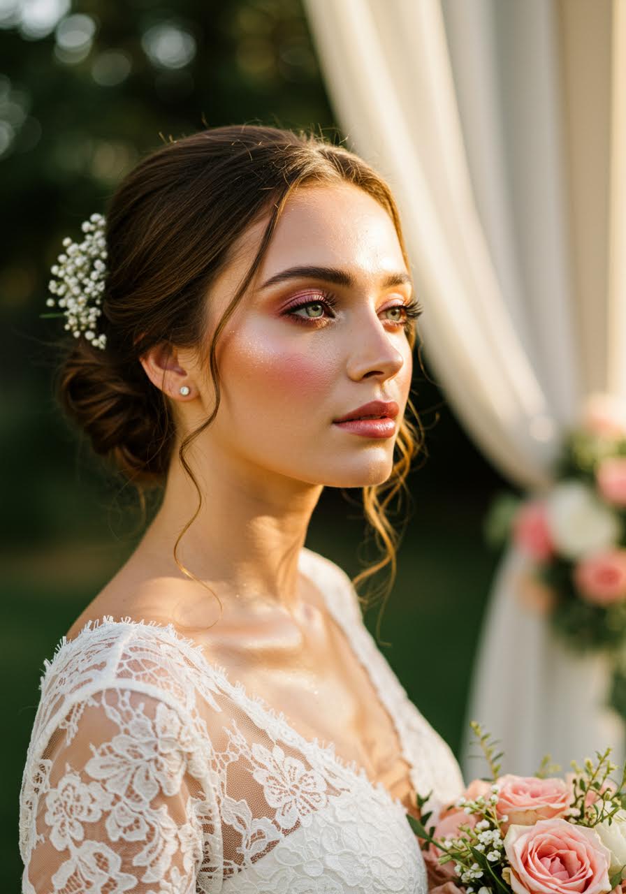 Romantic garden bride portrait with rose-toned dewy makeup