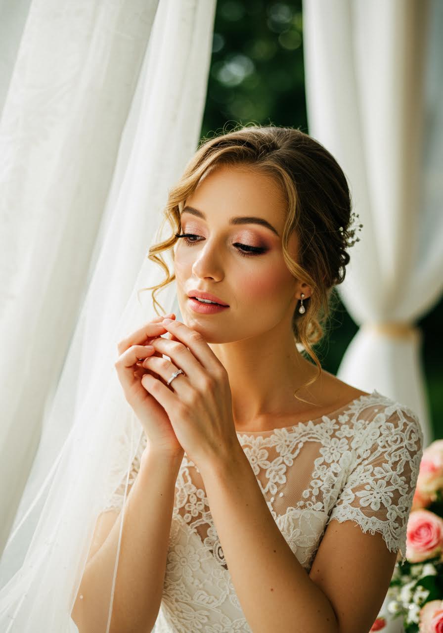 Bride adjusting veil with fresh rose-highlighted makeup