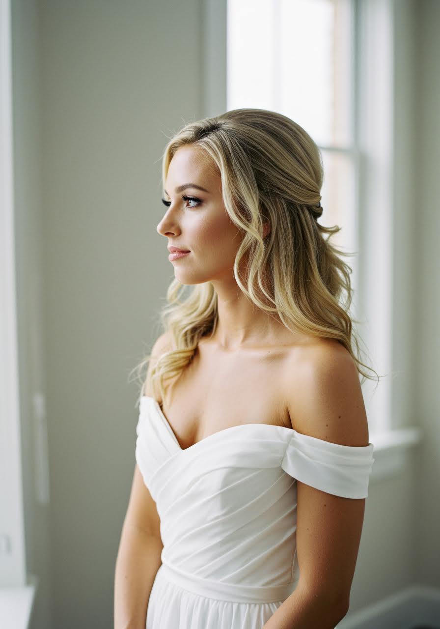Bride gazing through window with natural radiant makeup