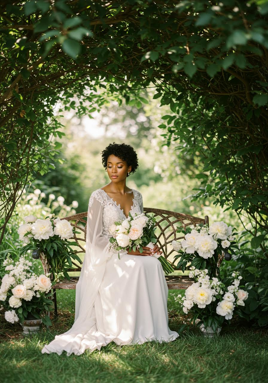 Radiant bride amongst peonies with ethereal glowing makeup