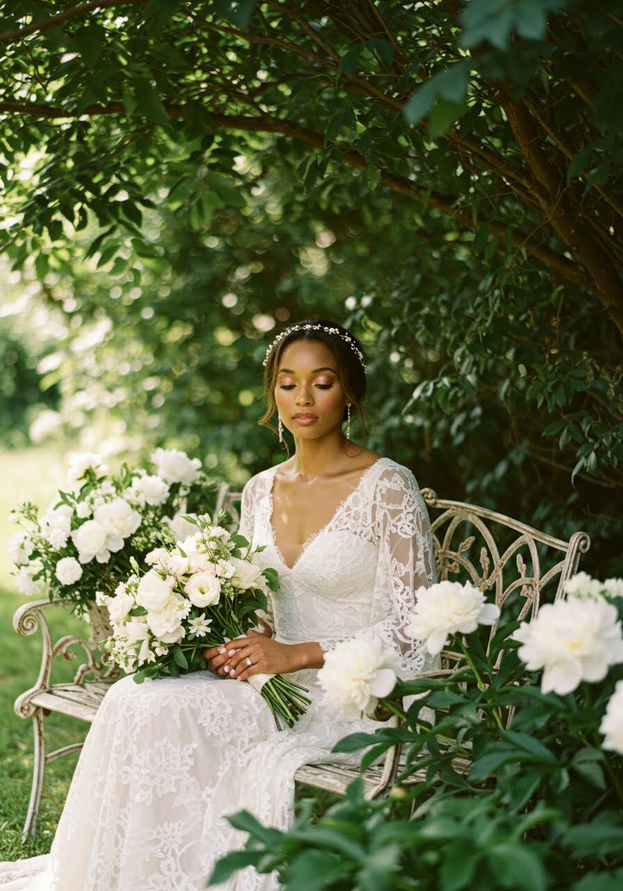 Intimate garden bench portrait showcasing luminous bridal makeup