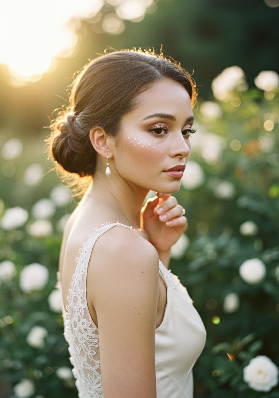 Bride with natural dewy makeup in golden garden setting