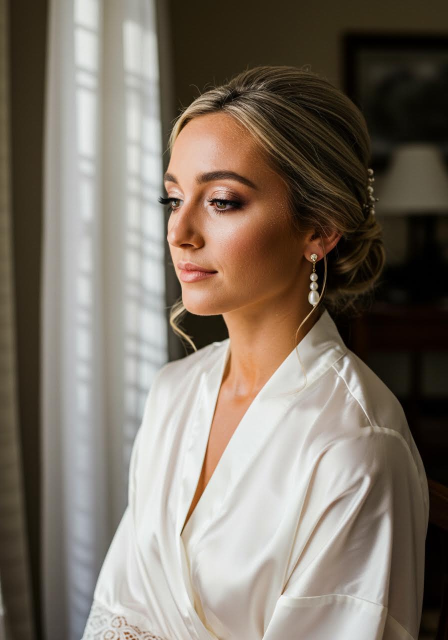 Serene bride portrait with subtle shimmer makeup in morning light