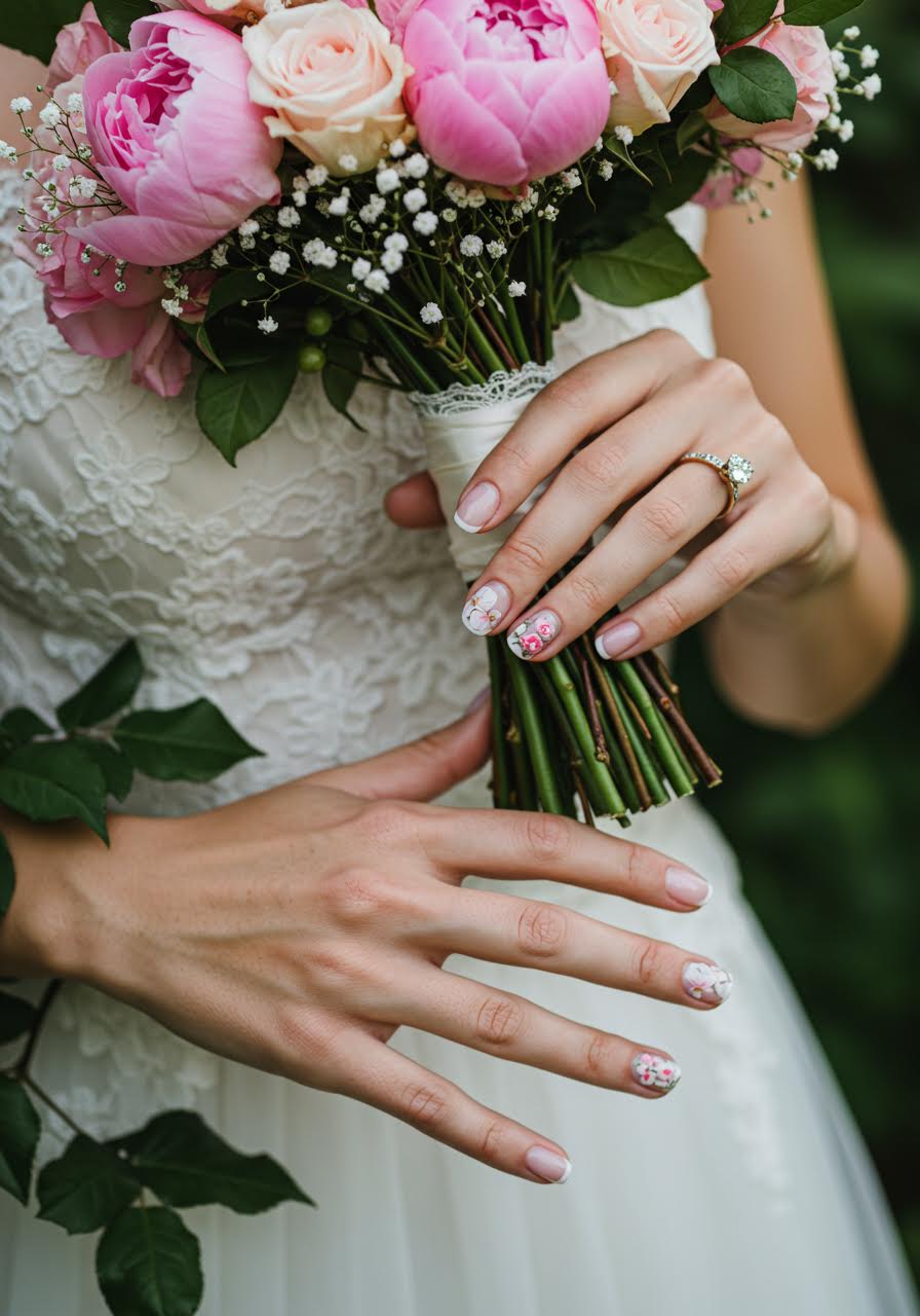 Bride holding delicate wildflower bouquet showing intricate garden floral design with multiple flower varieties in pastel tones