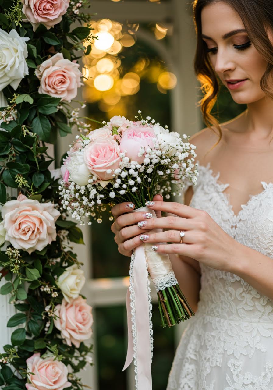 Detailed shot of bridal hands with garden-inspired nail art featuring roses, peonies and baby's breath painted in soft romantic colours