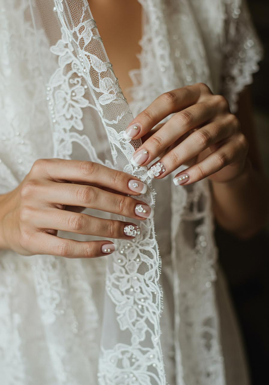 Detailed view of white flower wedding nail art with intricate petal designs and subtle pearl accents against ivory lace texture
