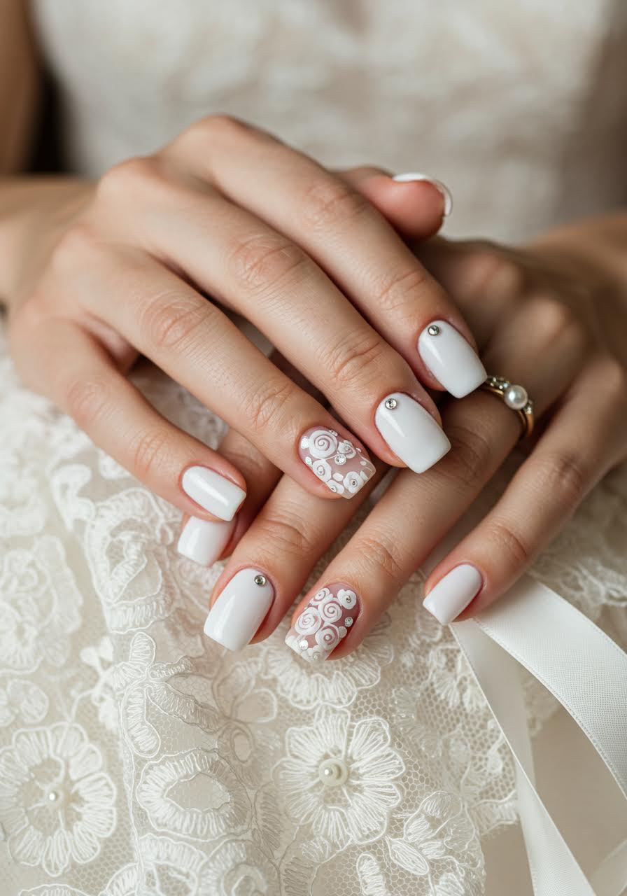 Elegant white flower nail art with painted petals and pearl accents displayed on vintage lace wedding veil in soft bridal suite lighting
