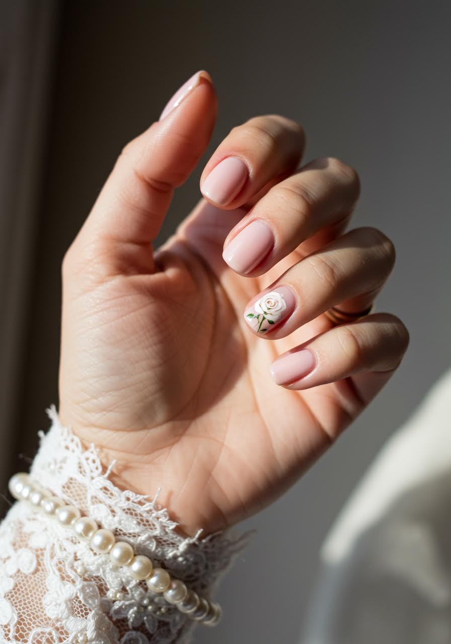 Minimalist bridal nail art featuring single painted white rose on ring finger with soft pink base polish in bright bridal suite