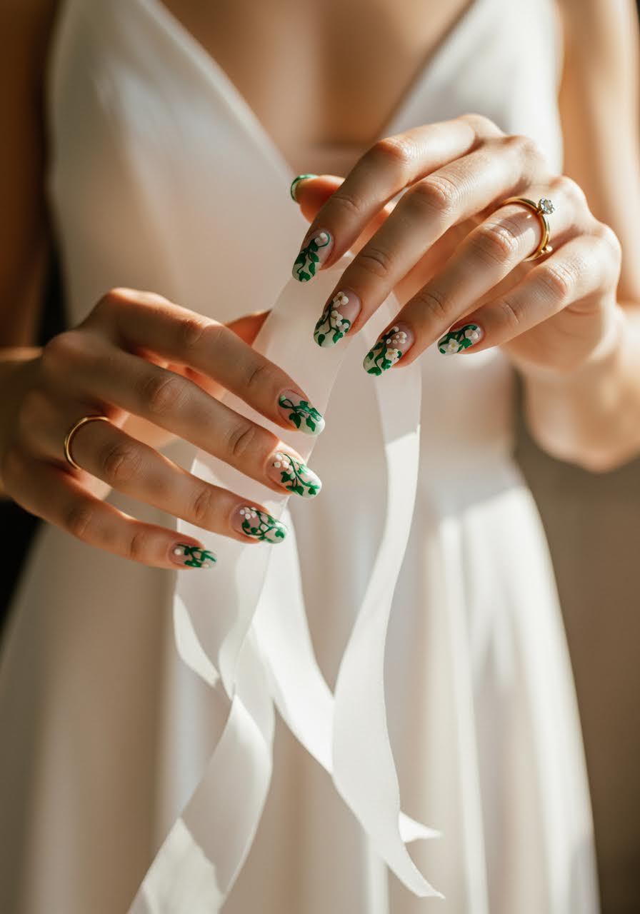 Bride holding flowing white silk ribbon displaying cascading vine nail art with emerald ivy and lavender blossoms painted across fingernails