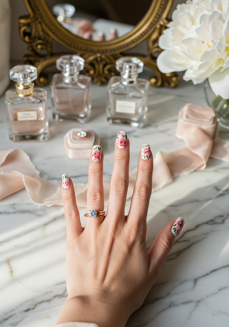 Bride's hands with soft pink watercolour floral nail art featuring painted roses placed elegantly on silk ribbon in bridal suite
