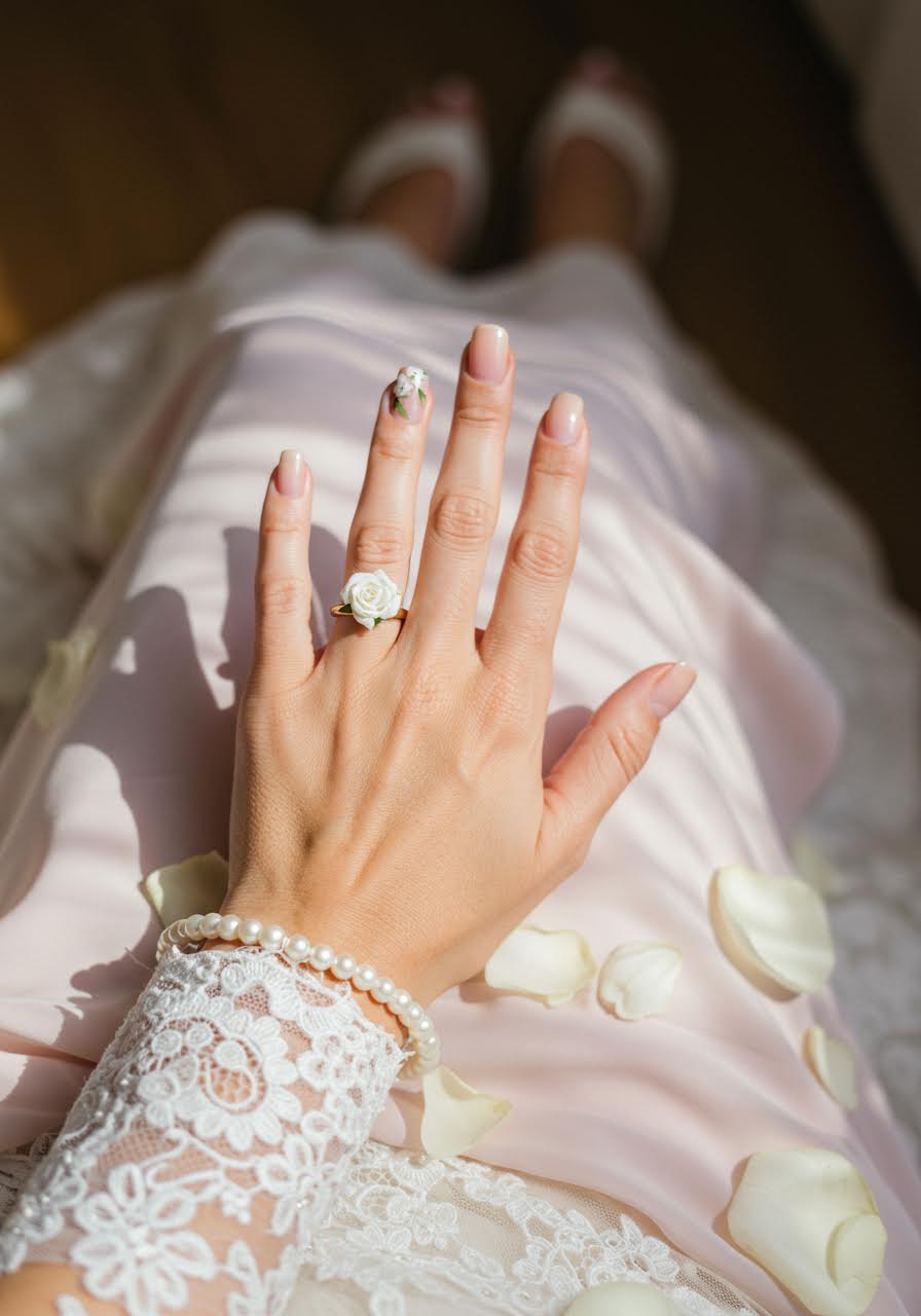Refined single flower nail design showing painted white rose accent on ring finger with subtle pink manicure in natural light