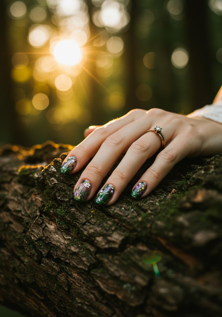 Enchanted forest wedding nail art featuring painted woodland flowers, moss patterns and fairy tale elements on bride's hand against tree bark