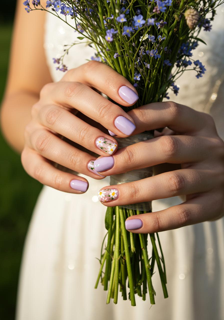 Romantic wildflower nail art in pastel lavender and pink tones featuring painted daisies and forget-me-nots in sunlit meadow setting