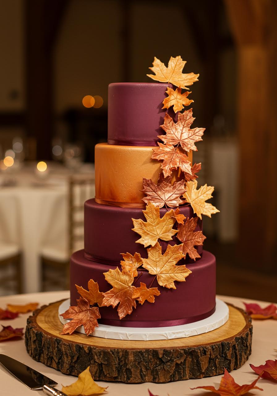 Wedding cake decorated with handcrafted autumn leaves in rich copper and gold tones