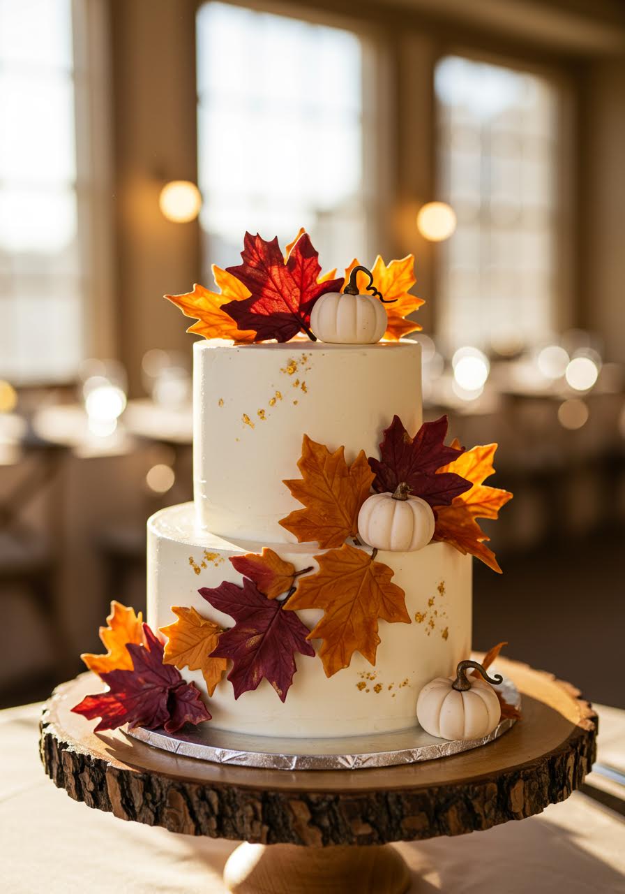 Autumn-themed wedding cake with pumpkin accents and warm seasonal decorations in golden light