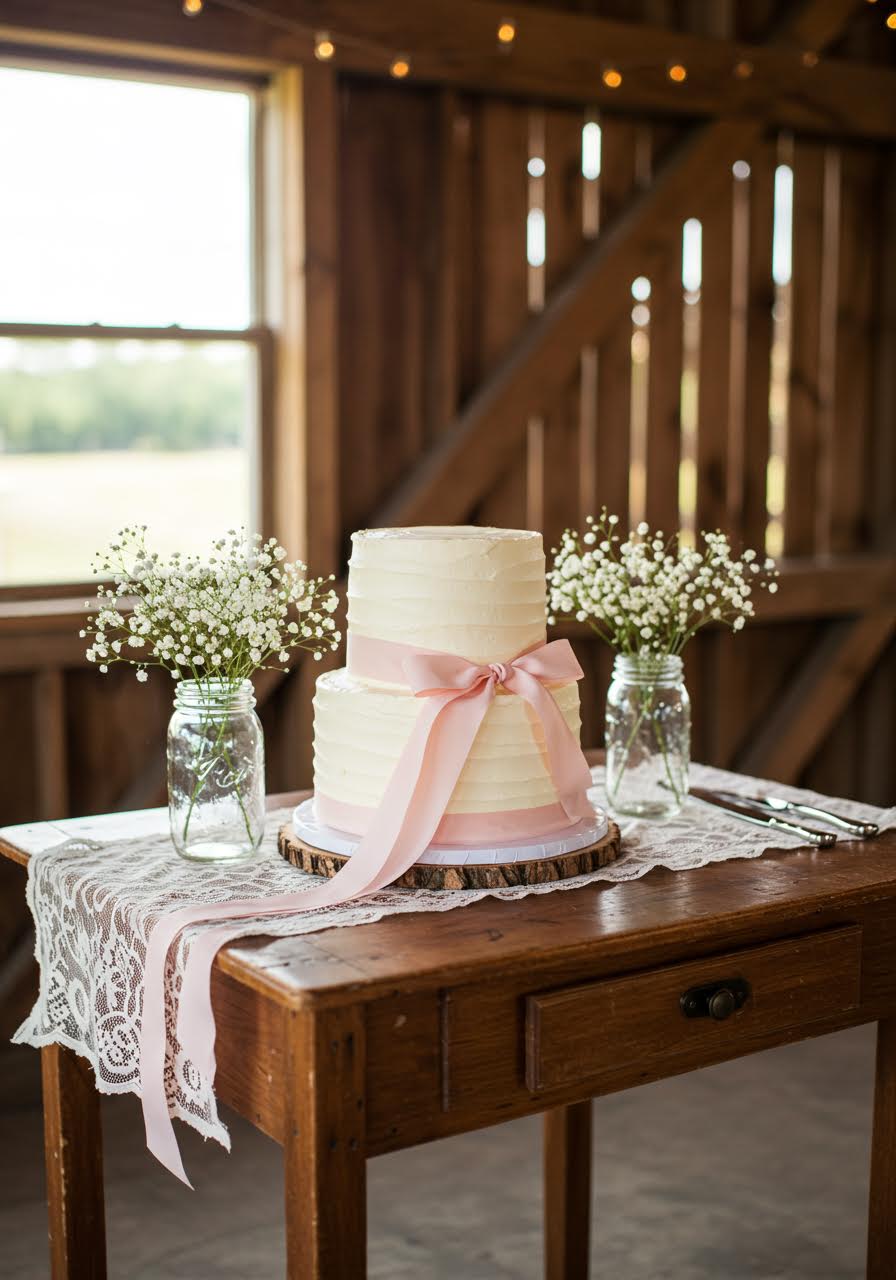 Blush pink wedding cake with matching ribbon displayed in rustic barn during golden hour