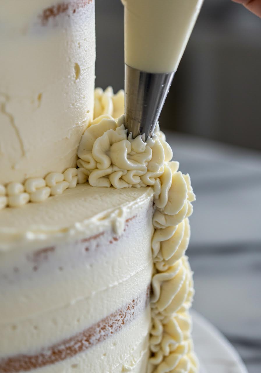 Detailed view of intricate buttercream rosette piping technique covering entire cake surface