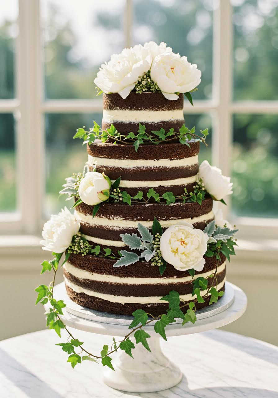 Rich chocolate naked wedding cake adorned with trailing ivy and peony blooms in conservatory
