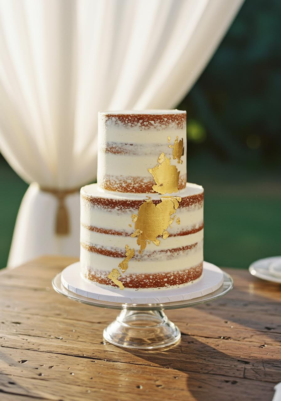 Semi-naked wedding cake with gold accents displayed in romantic garden pavilion setting