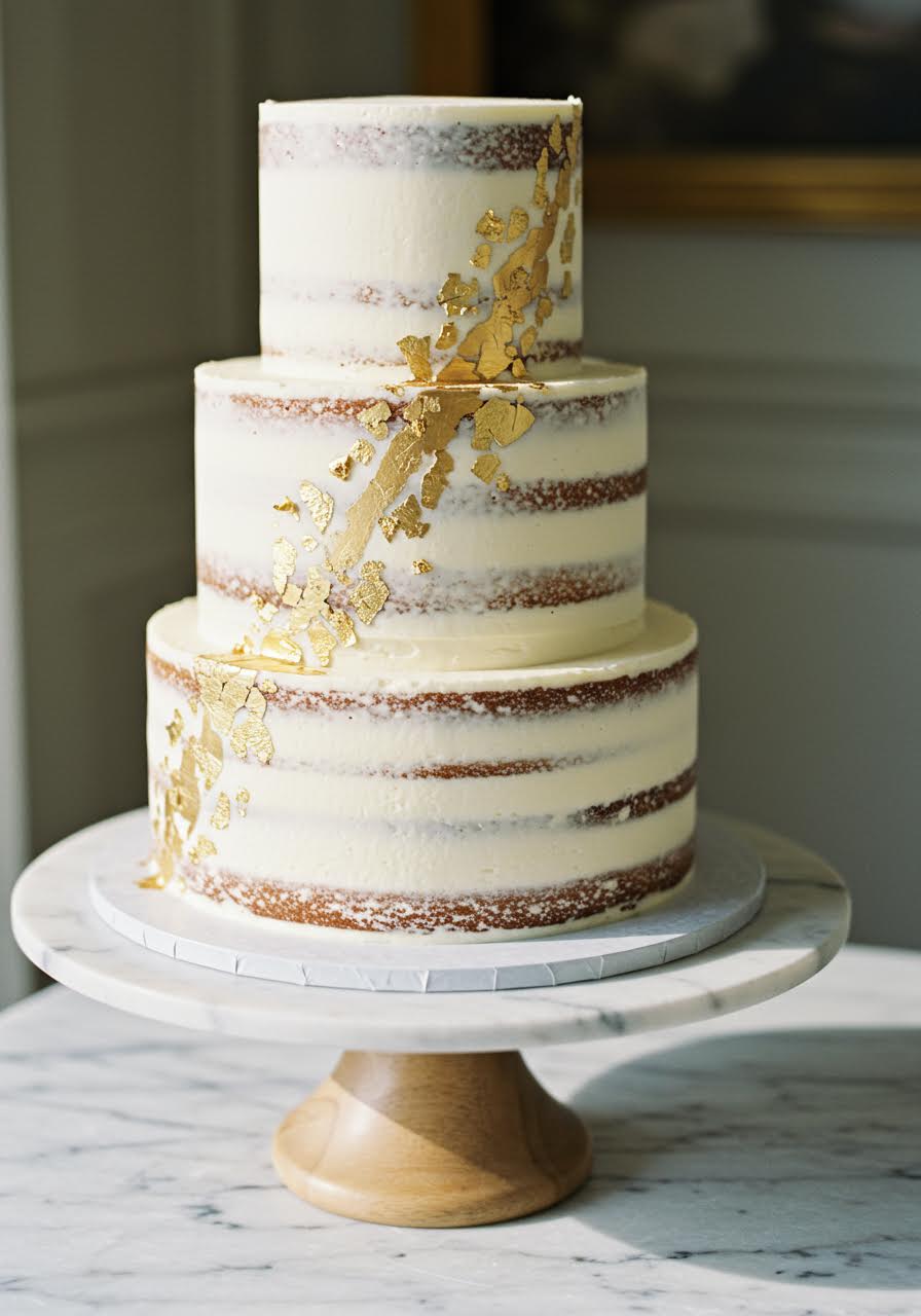 Close-up detail of gold leaf application on semi-naked cake showing metallic shimmer